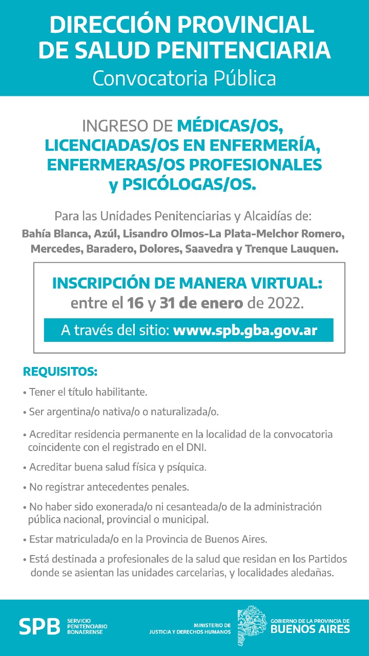 CONVOCAN A MÉDICOS/AS, PSICÓLOGOS/AS Y ENFERMEROS/AS PARA INCORPORARSE AL SERVICIO PENITENCIARIO BONAERENSE