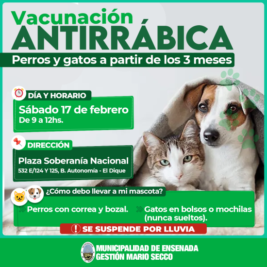Ensenada: Se realizará vacunación antirrábica en la localidad de El Dique.