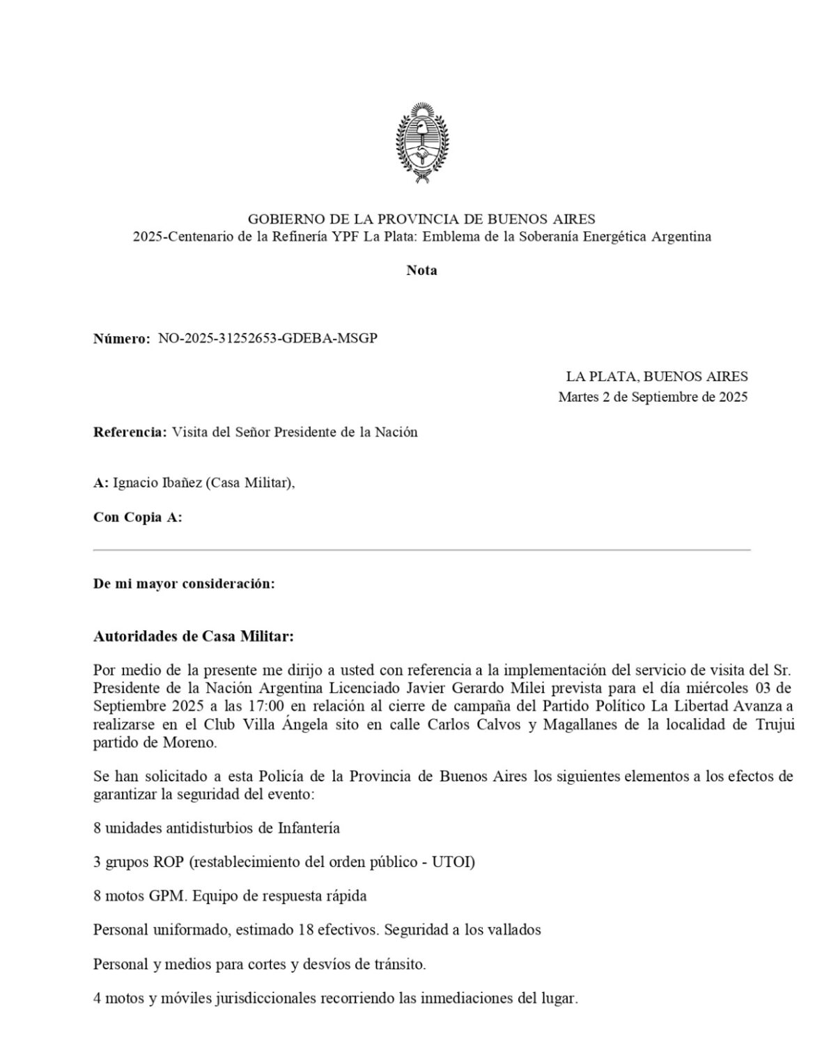 ATENCIÓN: El Gobierno bonaerense desaconseja el cierre de campaña de Milei en Moreno por condiciones “precarias”